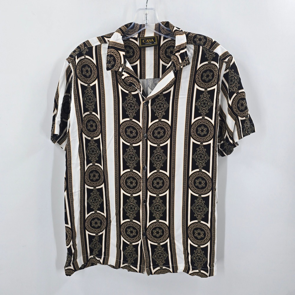 Casa Moda Couture Mens Medium Baroque Greek‎ Key Print Rayon Button Down Shirt